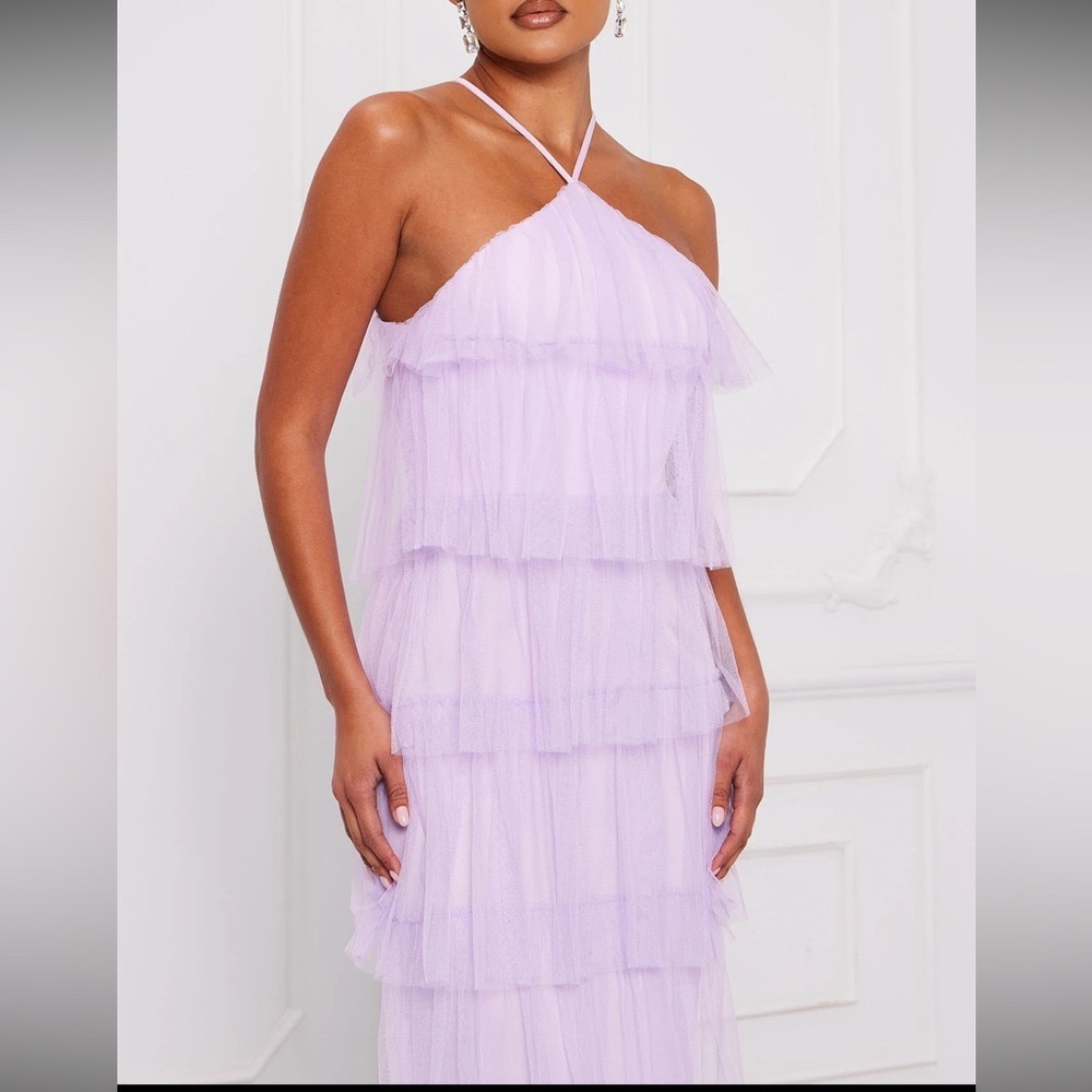 NWT: Women’s Lilac Tulle Maxi Halter Top Dress Size M. Fashion Nova.